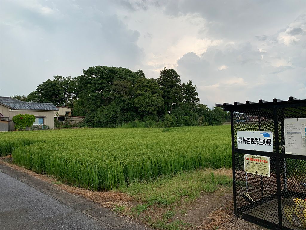 新潟県新潟市秋葉区大安寺（旧新津市）にある、伴百悦の墓。美しい田園風景の中にある、こんもりとした林がそれである。