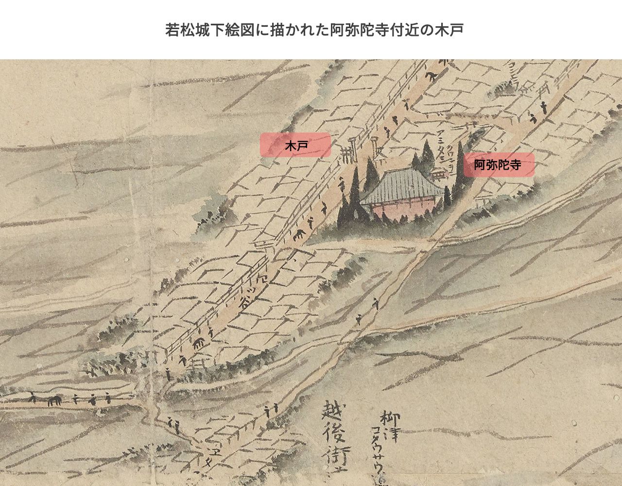 若松城下絵図に描かれた大町四つ角付近